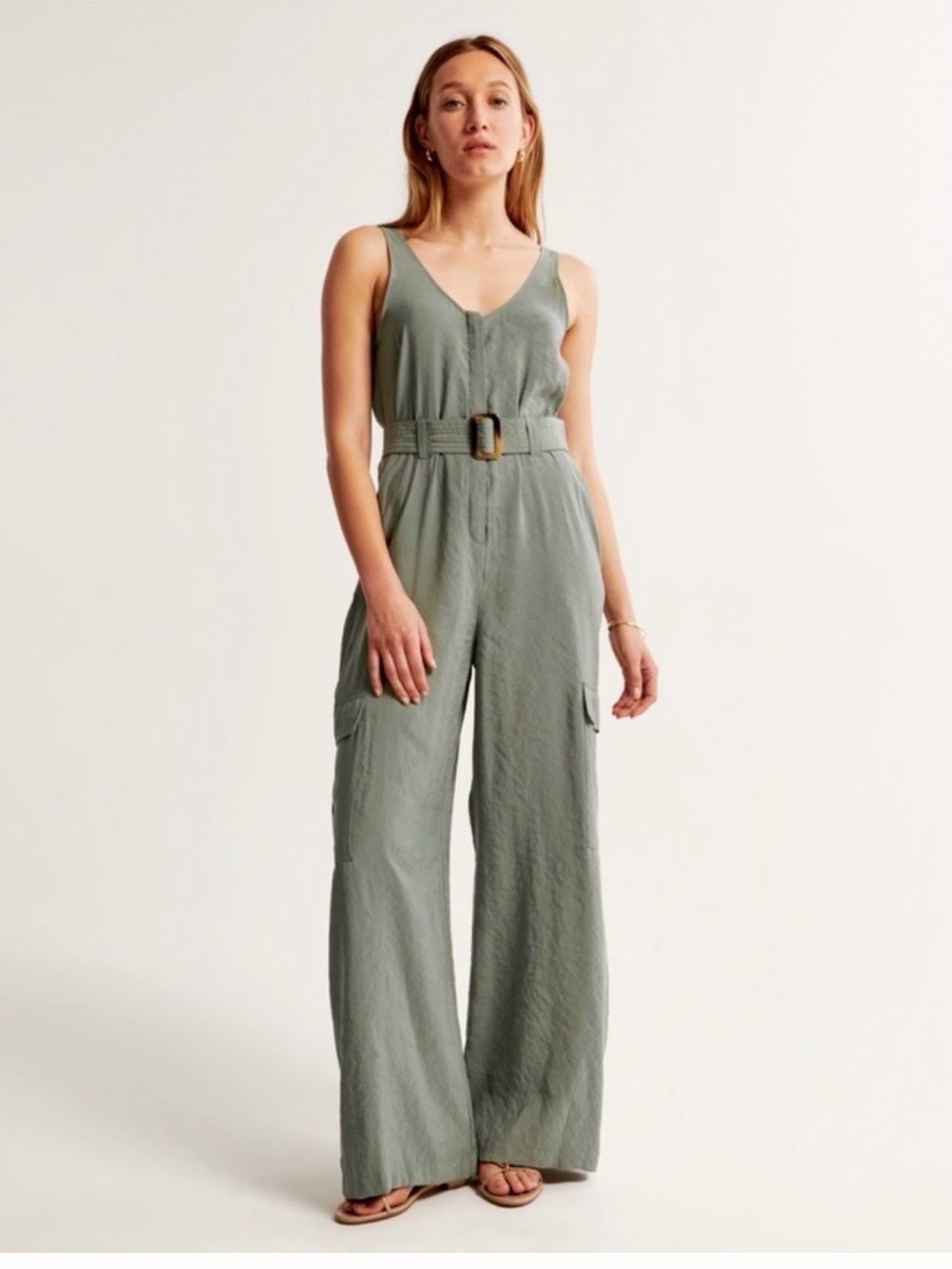 Abercrombie & Fitch Sage Green Wide-Leg Belted Jumpsuit